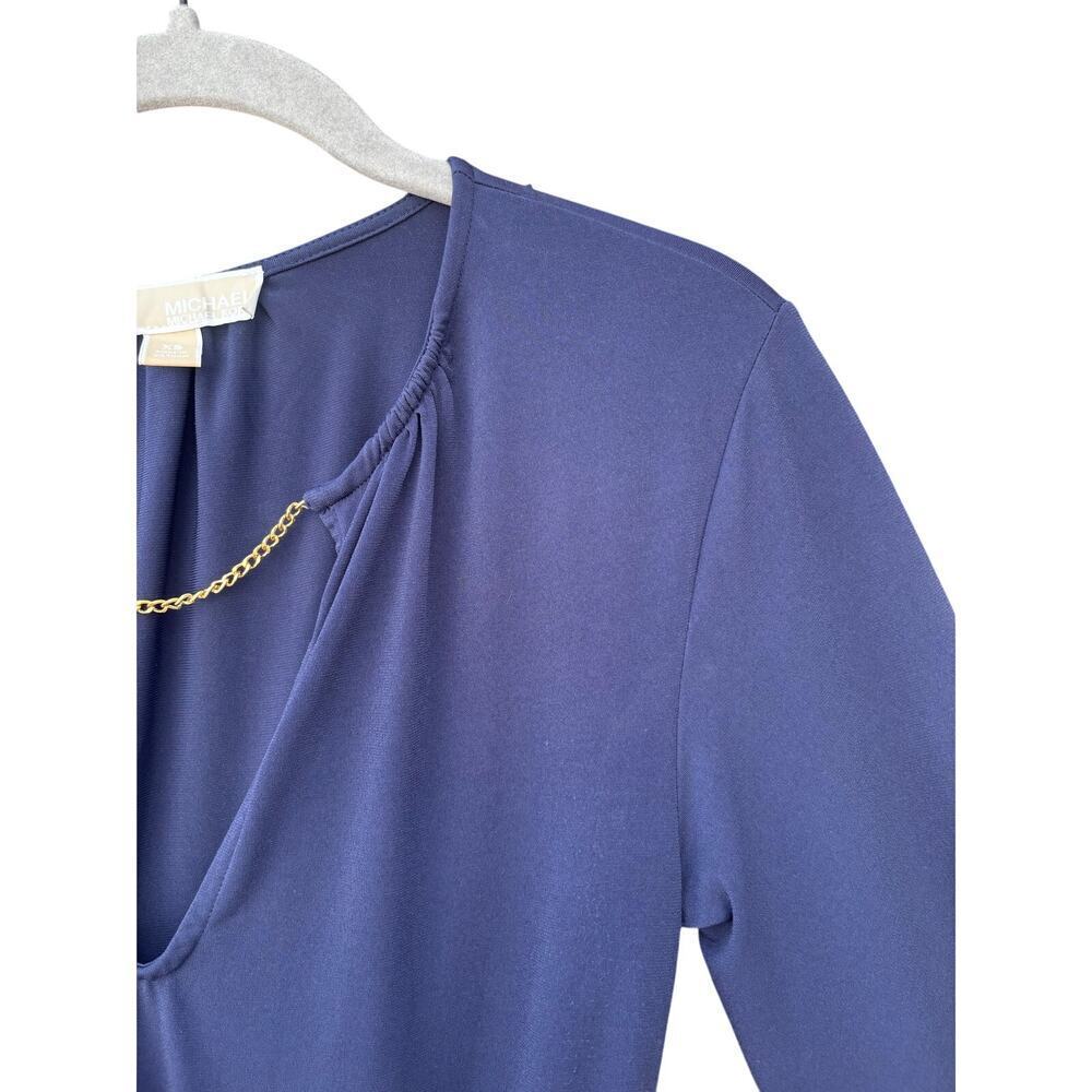 Michael Kors XS Navy Blue Long Sleeve Mini Dress Gold Chain Belted Ruffle - Picture 7 of 14